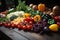 Colorful fruits and vegetables on a wooden table in a natural setting