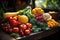 Colorful fruits and vegetables on a wooden table in a natural setting