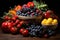 Colorful fruits and vegetables on a wooden table in a natural setting