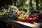 Colorful fruits and vegetables on a wooden table in a natural setting