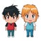 Colorful full body couple cute anime tennager facial expression bewildered and angry