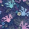 Colorful fun coral seamless pattern, happy neon underwater sea life with shells, corals, starfish and snails - great for summer