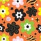 Colorful funky abstract spring daisies naive art abstract pattern on orange background