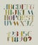 Colorful funky illustration with hand drawn font with hatches. Abc letters from a to z, digits from 0 to 9 isolated on back