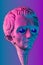 Colorful funky poster with unusual weird alien with huge glowing eyes. Looking like an antique bust. UFO, space