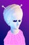 Colorful funky poster with unusual weird alien with huge glowing eyes. Looking like an antique Venus. UFO, space