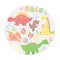 Colorful funny dino. Childish drawings in circle. Print for card, poster, t-shirt. Vector illustration
