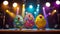 Colorful funny Easter eggs sing a song on stage against the background of bright spotlig