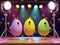 Colorful funny Easter eggs sing a song on stage against the background of bright spotlig