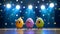 Colorful funny Easter eggs sing a song on stage against the background of bright spotlig