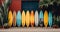 a colorful gang of surf boards is leaning against a wooden door