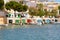 Colorful garages for boats in the harbor at Portocolom. Mallorca, Spain