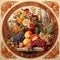 Colorful garden flowers bouquet and fruits. Elegant still life in decorative Art Nouveau patterned frame.