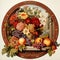 Colorful garden flowers bouquet and fruits. Elegant still life in decorative Art Nouveau patterned frame.