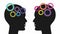 Colorful gears are emerging one by  one and starting to spin in the brains of two black silhouette heads. Animated film clip.