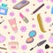 Colorful gentle seamless pattern with cartoon cosmetics, decorative elements on a neutral background. vector.