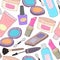 Colorful gentle seamless pattern with cartoon cosmetics, decorative elements. vector. hand drawing.