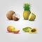 Colorful geometric polygonal fruits set with coconut pineapple mango and passionfruit on gray
