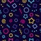 Colorful geometric vector seamless pattern with illustration of waves, stars, dots, squares, circles