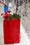 Colorful geranium pots, Santorini, Greece