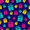 Colorful gift boxes seamless pattern. Holidays background. Colored flat present icons. Repeat texture. Vector