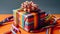 A colorful gift wrapped in ribbon on an orange table. Generative AI image.