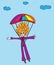 Colorful girl jumps with a parachute on a background clouds