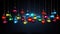 Colorful glass bulbs Christmas ornaments. Vibrant string of multi-colored Christmas lights on dark background