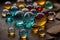 Colorful glass marbles on a the table. Selective focus. ai generative