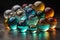 Colorful glass marbles on a the table. Selective focus. ai generative