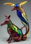 a colorful glass sculpture of a bird and a deer
