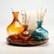 Colorful Glass Vases On Wooden Tray - Decorative Vessels For Home Decor