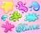 Colorful glitter slime blobs vector illustration set. Girly goo stains collection on pink background. Fun game for kids