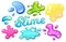 Colorful glitter slime blobs vector illustration set. Girly goo stains collection on white background. Fun game for kids