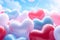 Colorful glossy heart-shaped balloons floating against a clear blue sky, AI generated