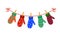 Colorful gloves hanging on clothespins on clothesline. Hapy winter holidays concept. Vector illustration in flat style