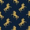 Colorful gold Unicorn on blue. Magical animal Pattern