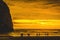 Colorful Golden Sunset Birds Haystack Rock Canon Beach Oregon