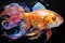 Colorful goldfish on a black background. 3d rendering. AI generated Generative AI