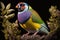 Colorful Gouldian Finch Full Body In Forest. Colorful and Vibrant Animal.