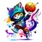 Colorful graffiti style chibi, hooded cat play basketball background