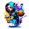 Colorful graffiti style chibi, hooded dog background