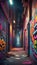 Colorful graffiti in urban alleyway, a vibrant display of street art and culture, Generated AI