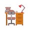 Colorful graphic of desk home with chair and books and lamp with dark red line contour