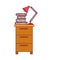 Colorful graphic of filing cabinet with lamp and books with dark red line contour