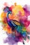 Colorful graphic illustration of a peacock during the Holi festival.