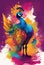 Colorful graphic illustration of a peacock during the Holi festival.