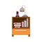 Colorful graphic of nightstand with cordless phone and lamp and books stacking with thick dark red line contour