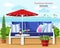 Colorful graphic summer terrace by the sea. Couch and umbrella on the balcony with the sea landscape. Flat style.