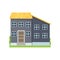Colorful grey house with yellow roof in big city